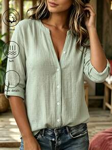 Linhara CURVE Plus Size Casual Textured V-Neck Single-Breasted Shirt Fall - Green - View 7