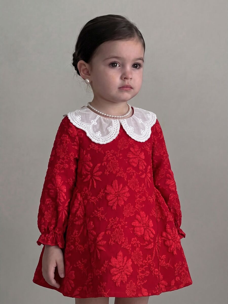 SHEIN Babygirl Cute Red Textured Floral Pattern Peter Pan Collar Dress - Red - View 1