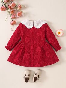 SHEIN 女嬰可愛紅色紋理花卉圖案彼得潘領洋裝 - 紅色 - 查看 2