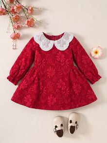 SHEIN 女嬰可愛紅色紋理花卉圖案彼得潘領洋裝 - 紅色 - 查看 7