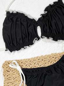 Slaydiva 2-Piece 2025 Summer Swimwear With Ruffle Trim, Fashionable Black Bikini Holiday Beach Holiday Vacation Tropical - Black - View 5