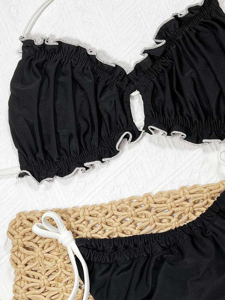 Slaydiva 2-Piece 2025 Summer Swimwear With Ruffle Trim, Fashionable Black Bikini Holiday Beach Holiday Vacation Tropical - Black - View 5