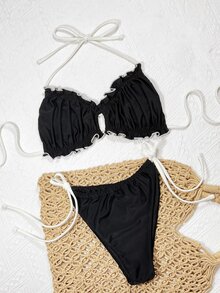 Slaydiva 2-Piece 2025 Summer Swimwear With Ruffle Trim, Fashionable Black Bikini Holiday Beach Holiday Vacation Tropical - Black - View 4