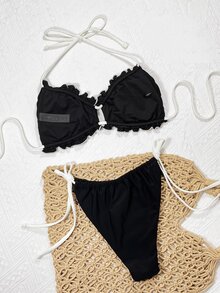 Slaydiva 2-Piece 2025 Summer Swimwear With Ruffle Trim, Fashionable Black Bikini Holiday Beach Holiday Vacation Tropical - Black - View 2