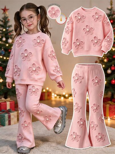 Conjunto de 2 piezas para niñas jóvenes, sudadera de manga larga con estampado floral 3D de efecto dulce y pantalones acampanados con estampado floral 3D, conjunto suave adecuado para salidas en otoño/invierno, sudadera rosa y pantalones acampanados, conjunto de otoño/invierno para Halloween/Navidad