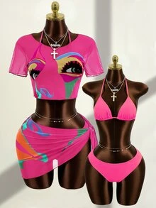 Zestiva 2026 New Retro Face Print Sexy Mesh 4-Piece Bikini Set Golf White Summer - Hot Pink - View 1