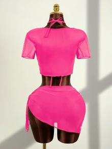 Zestiva 2026 New Retro Face Print Sexy Mesh 4-Piece Bikini Set Golf White Summer - Hot Pink - View 2