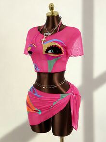 Zestiva 2026 New Retro Face Print Sexy Mesh 4-Piece Bikini Set Golf White Summer - Hot Pink - View 4