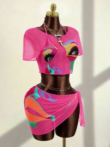 Zestiva 2026 New Retro Face Print Sexy Mesh 4-Piece Bikini Set Golf White Summer - Hot Pink - View 5