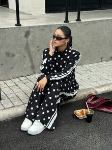 Muchica Casual Polka Dot Print Jacket & Pants Set For Women Plus Size Fall - Black and White - View 7