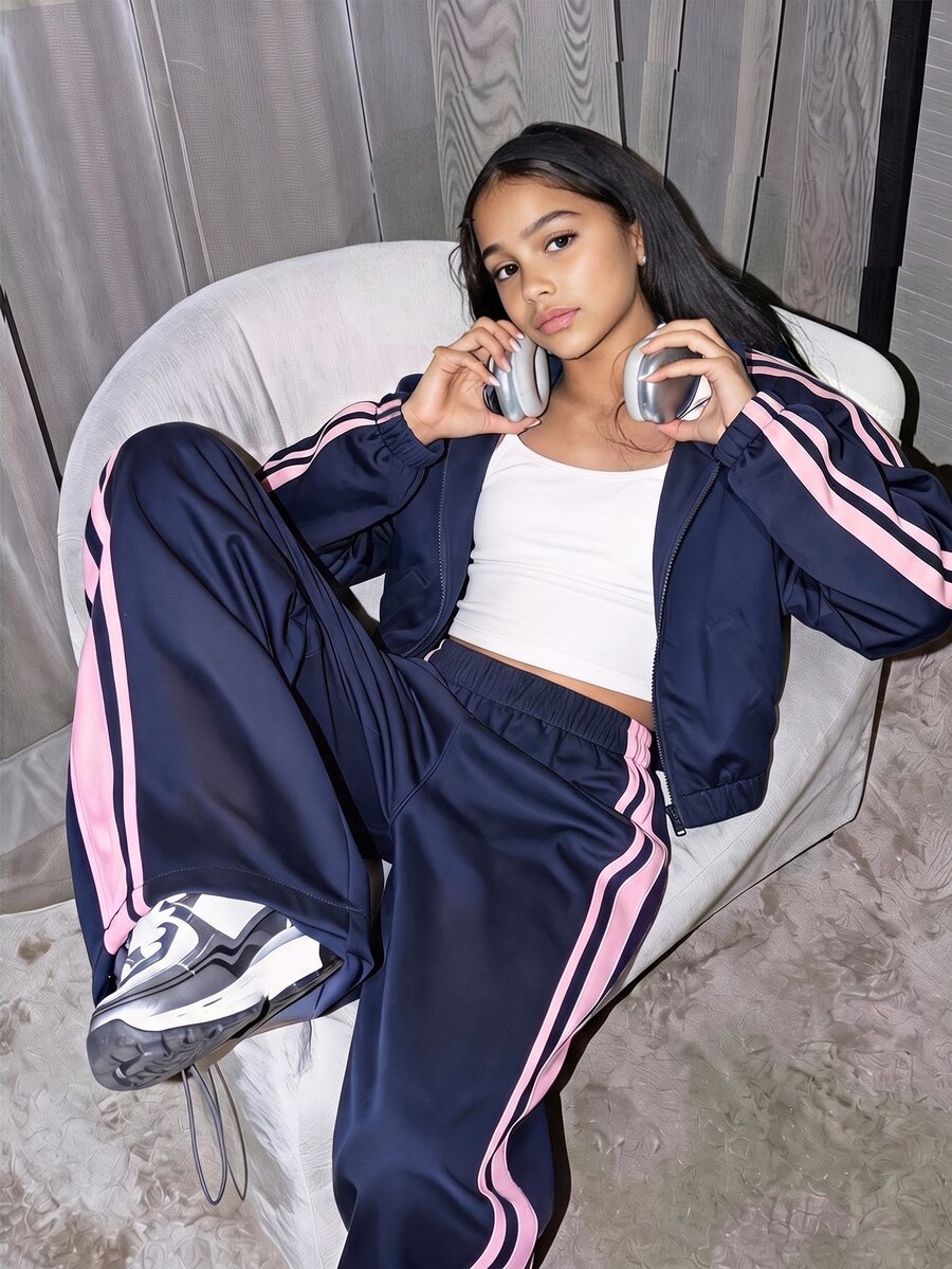 SHEIN Casuvi Kids طقم 2 قطعة للبنات من سويت شيرت جاكيت محبوك بلون سادة مع بطانية رأس وأمام مفتوح وأكمام راجلان، وبنطلون سويت بانتس واسع الساق متناسق، كحلي، فضفاض، للخريف، Sixth Form - متعدد الألوان - مشاهدة 1