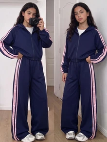 SHEIN Casuvi Kids 2件組女款針織純色連帽前開襟落肩袖運動外套搭配寬腿運動長褲，Sixth Form 海軍藍，秋季寬鬆款 - 彩色 - 查看 1