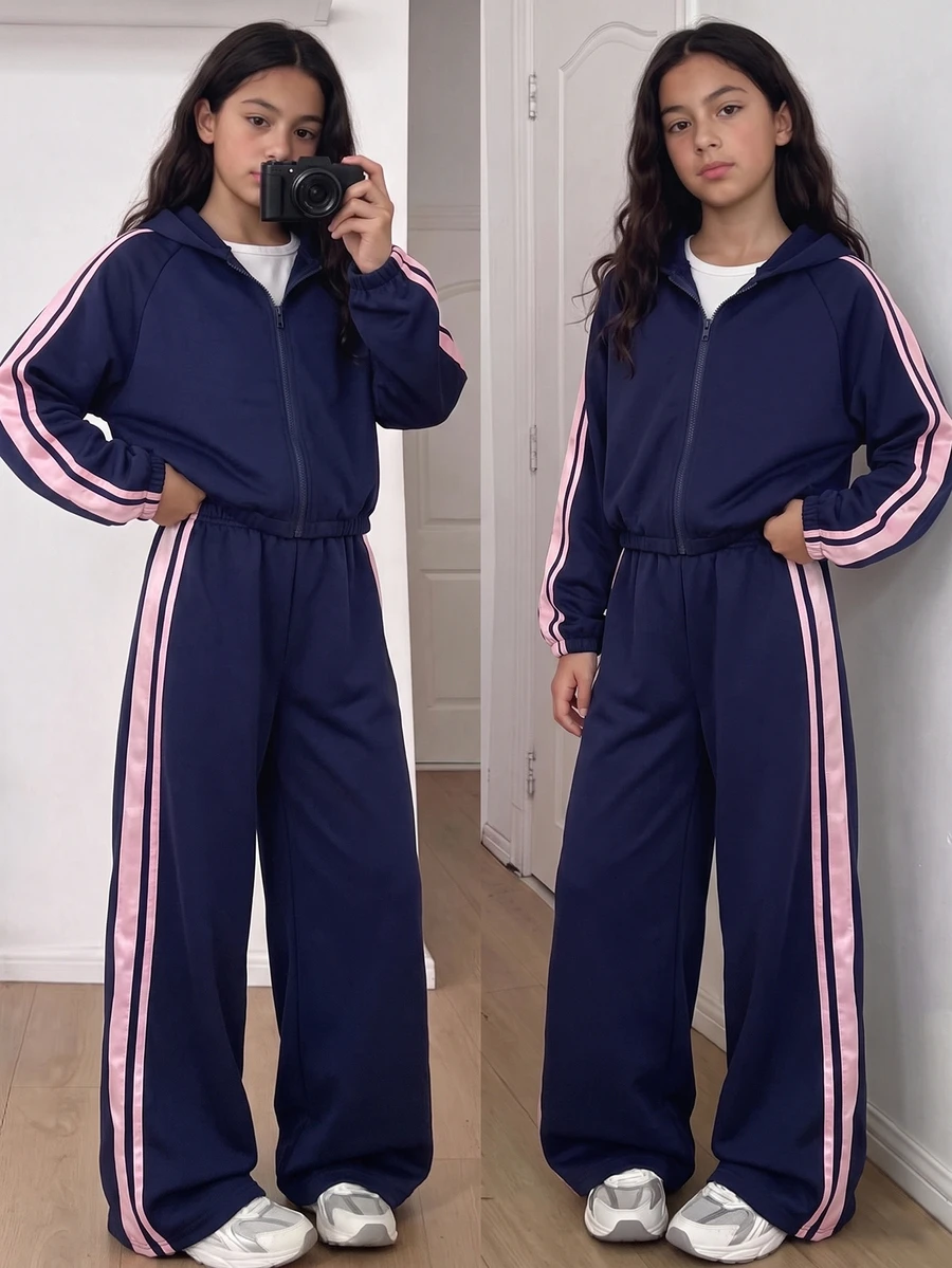 SHEIN Casuvi Kids 2件組女款針織純色連帽前開襟落肩袖運動外套搭配寬腿運動長褲,Sixth Form 海軍藍,秋季寬鬆款 - 彩色 - 查看 1