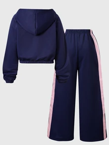 SHEIN Casuvi Kids 2件組女款針織純色連帽前開襟落肩袖運動外套搭配寬腿運動長褲，Sixth Form 海軍藍，秋季寬鬆款 - 彩色 - 查看 2