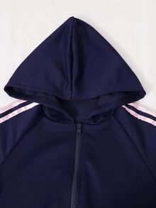 SHEIN Casuvi Kids 2件組女款針織純色連帽前開襟落肩袖運動外套搭配寬腿運動長褲，Sixth Form 海軍藍，秋季寬鬆款 - 彩色 - 查看 5