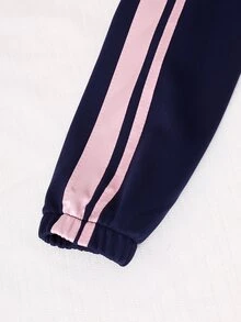SHEIN Casuvi Kids 2件組女款針織純色連帽前開襟落肩袖運動外套搭配寬腿運動長褲，Sixth Form 海軍藍，秋季寬鬆款 - 彩色 - 查看 6
