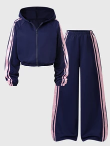 SHEIN Casuvi Kids 2件組女款針織純色連帽前開襟落肩袖運動外套搭配寬腿運動長褲，Sixth Form 海軍藍，秋季寬鬆款 - 彩色 - 查看 4