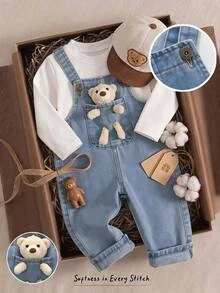 Cozy Pixies بدلة أفرول للأطفال الذكور بتصميم دب كرتوني، متعددة الاستخدامات ومريحة - الأزرق - مشاهدة 1