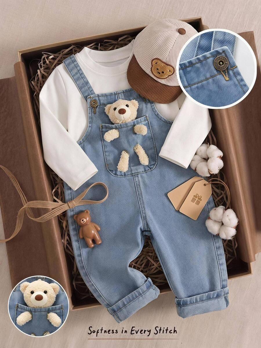 Cozy Pixies بدلة أفرول للأطفال الذكور بتصميم دب كرتوني، متعددة الاستخدامات ومريحة - الأزرق - مشاهدة 1