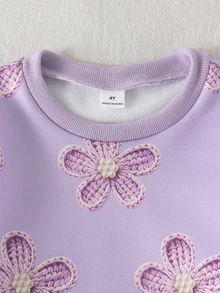 女童兩件套，時尚甜美花卉3D效果印花長袖抓絨衛衣上衣與花卉3D效果印花喇叭褲，柔軟套裝適合秋冬外出穿著 - 彩色 - 查看 5