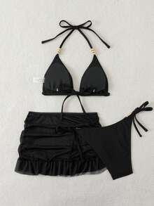 SHEIN Swim 女款3件組夏季性感純色V領掛脖綁帶比基尼套裝附遮陽裙 - 黑色 - 查看 2