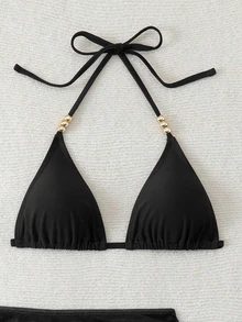 SHEIN Swim 女款3件組夏季性感純色V領掛脖綁帶比基尼套裝附遮陽裙 - 黑色 - 查看 4