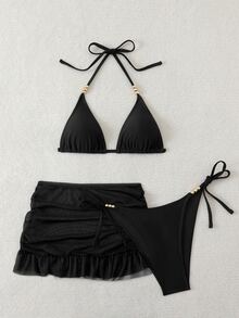 SHEIN Swim 女款3件組夏季性感純色V領掛脖綁帶比基尼套裝附遮陽裙 - 黑色 - 查看 3