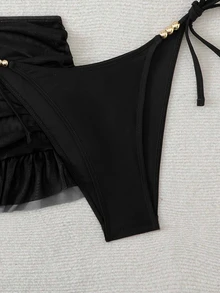 SHEIN Swim 女款3件組夏季性感純色V領掛脖綁帶比基尼套裝附遮陽裙 - 黑色 - 查看 5
