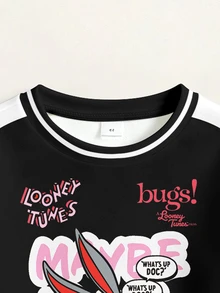 LOONEY TUNES X SHEIN Young Girl Cartoon Print Long Sleeve Crew Neck Sweatshirt - White - View 3