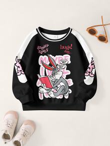 LOONEY TUNES X SHEIN Young Girl Cartoon Print Long Sleeve Crew Neck Sweatshirt - White - View 1