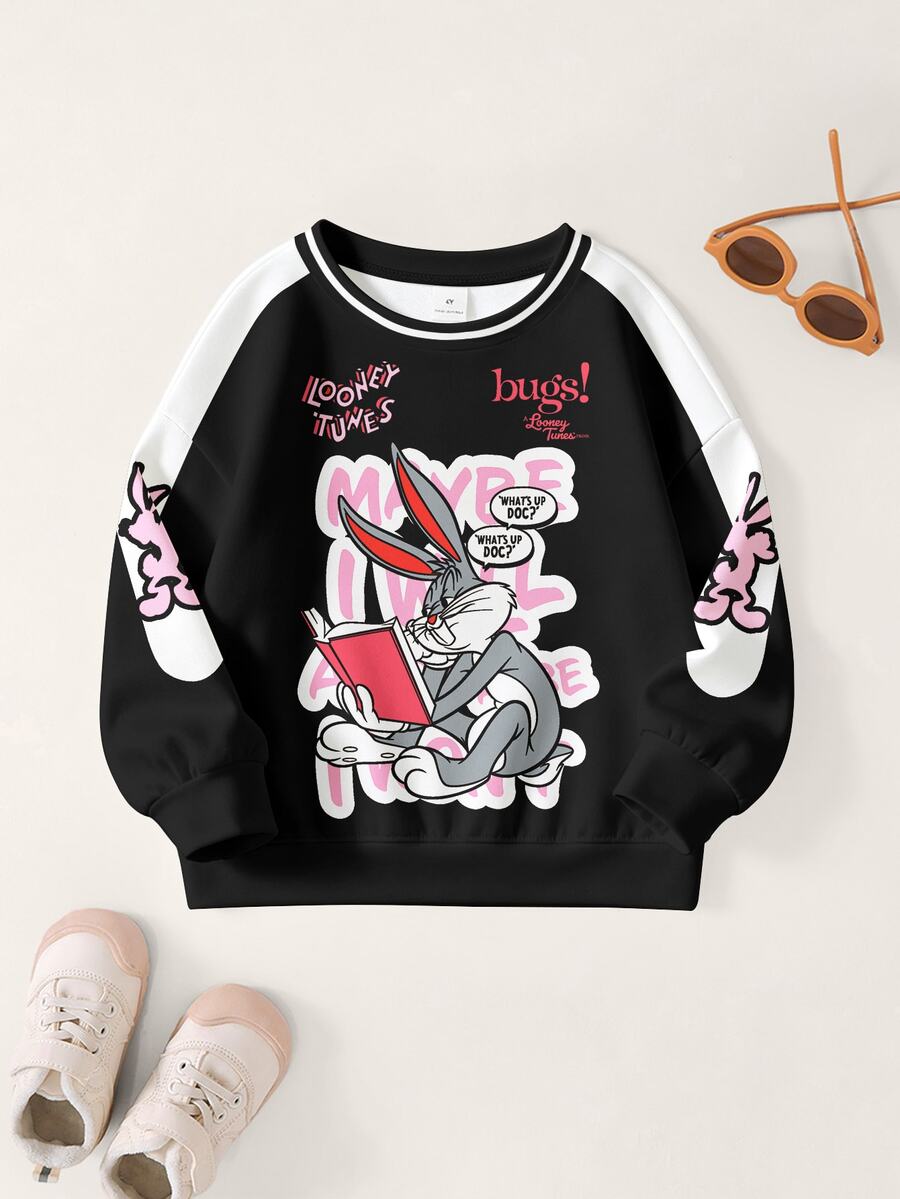 LOONEY TUNES X SHEIN Young Girl Cartoon Print Long Sleeve Crew Neck Sweatshirt - White - View 1