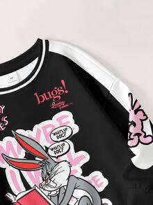 LOONEY TUNES X SHEIN Young Girl Cartoon Print Long Sleeve Crew Neck Sweatshirt - White - View 4
