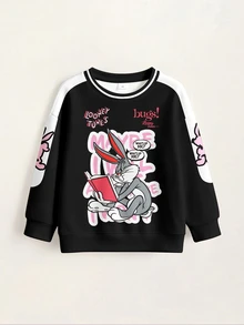 LOONEY TUNES X SHEIN Young Girl Cartoon Print Long Sleeve Crew Neck Sweatshirt - White - View 6