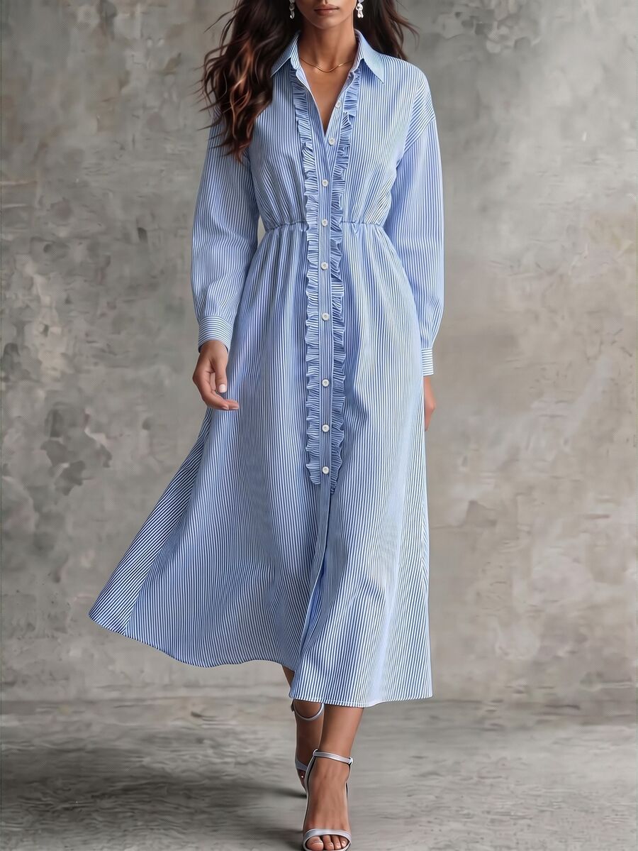 SHEIN Blue And White Stripe Print Frill Trim Shirt Dress Office Brunch ...