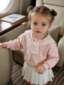 SHEIN Baby Girl Solid Pullover Autumn Sweatshirt & Sweatpants & Striped Shawl - Pink - View 8