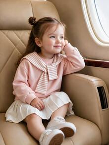 SHEIN Baby Girl Solid Pullover Autumn Sweatshirt & Sweatpants & Striped Shawl - Pink - View 3
