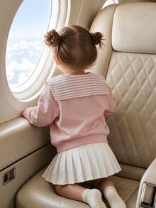 SHEIN Baby Girl Solid Pullover Autumn Sweatshirt & Sweatpants & Striped Shawl - Pink - View 2