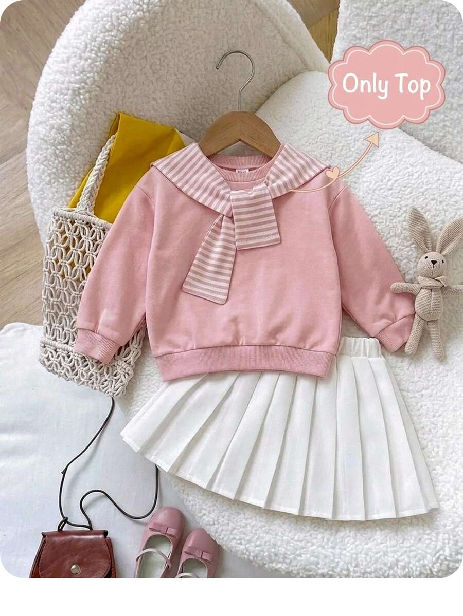 SHEIN Baby Girl Solid Pullover Autumn Sweatshirt & Sweatpants & Striped Shawl - Pink - View 1