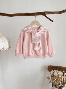 SHEIN Baby Girl Solid Pullover Autumn Sweatshirt & Sweatpants & Striped Shawl - Pink - View 7
