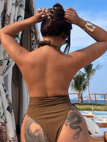 SHEIN Swim 女士法式纹理面料可调节肩带打结腰部荷叶边紧身连体泳衣，夏季沙滩装度假比基尼 - 卡其色 - 查看 2