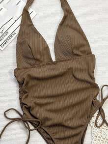 SHEIN Swim 女士法式纹理面料可调节肩带打结腰部荷叶边紧身连体泳衣，夏季沙滩装度假比基尼 - 卡其色 - 查看 4