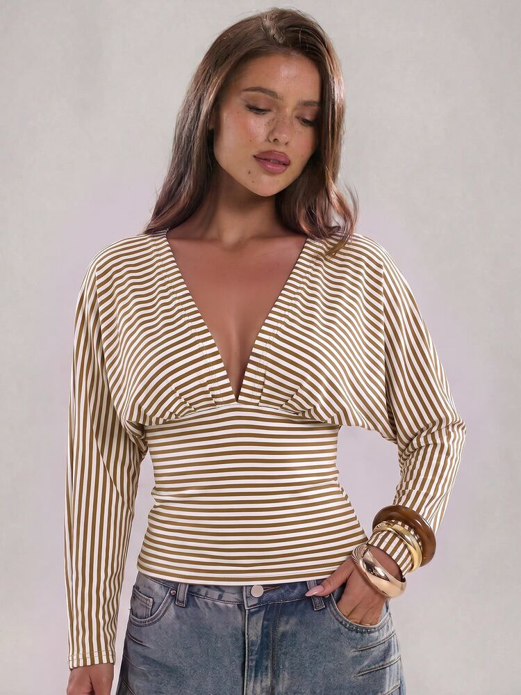 SHEIN BAE Atasan Wanita Lengan Panjang Bergaris dengan Leher V Dalam untuk Pakaian Sehari-hari Kasual - Khaki - View 7
