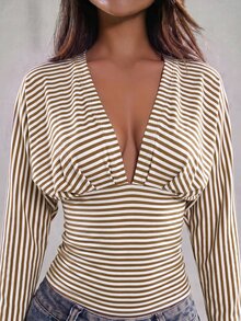 SHEIN BAE 女款深V領條紋休閒日常長袖上衣 - 卡其色 - 查看 6
