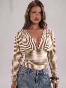 SHEIN BAE 女款深V領條紋休閒日常長袖上衣 - 卡其色 - 查看 4