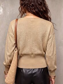 LUMIGAL Women's Solid Color Overlap V-Neck Drop Shoulder Long Sleeve Casual Sweater - Champagne - View 2