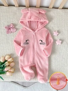 6pcs Random 1pc Autumn/Winter Double-Sided Flannel Newborn Romper Cute Rabbit Embroidery Rabbit Ear Hooded Zipper Long Sleeve Footed Crawling Suit Pink Apricot Grey Blue Red Deep Pink Multi-Color Romper Home Wear Autumn/Winter Extra Thick Winter Style - Multicolor - View 3