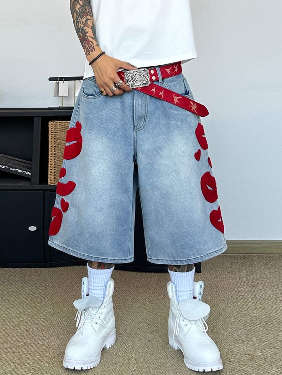 STEELVANCE Street Style Retro Fashion Versatile Distressed Washed Embroidered Design Loose Straight Wide Leg Casual Denim Shorts Plus Size (Belt And Accessories Not Included) - Light Wash - View 1