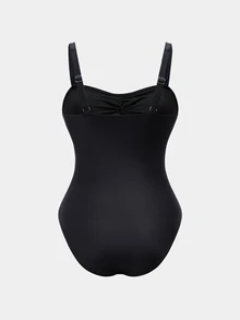 Swim Oasis Women's Spring/Summer Vacation Print Black Seashell Metal Buckle Decor One-Piece Swimsuit With Wrap Skirt - Black - View 5