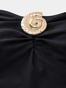 Swim Oasis Women's Spring/Summer Vacation Print Black Seashell Metal Buckle Decor One-Piece Swimsuit With Wrap Skirt - Black - View 8