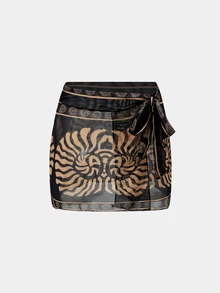 Swim Oasis Women's Spring/Summer Vacation Print Black Seashell Metal Buckle Decor One-Piece Swimsuit With Wrap Skirt - Black - View 7